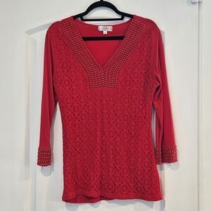 Shannon Ford New York Red Lace Crochet Tunic Top V-Neck Boho Size Small